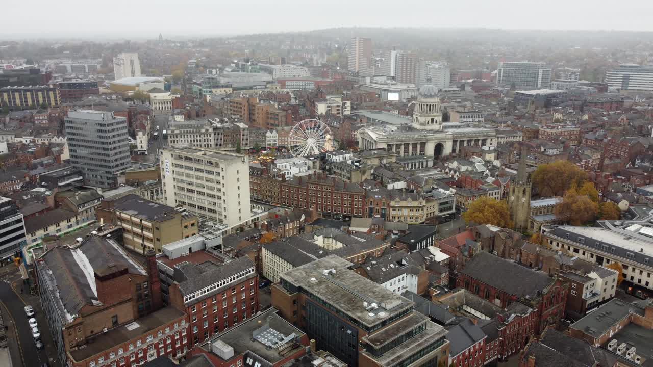 Nottingham City centre England ,drone aerial footage vibrant autumn colours