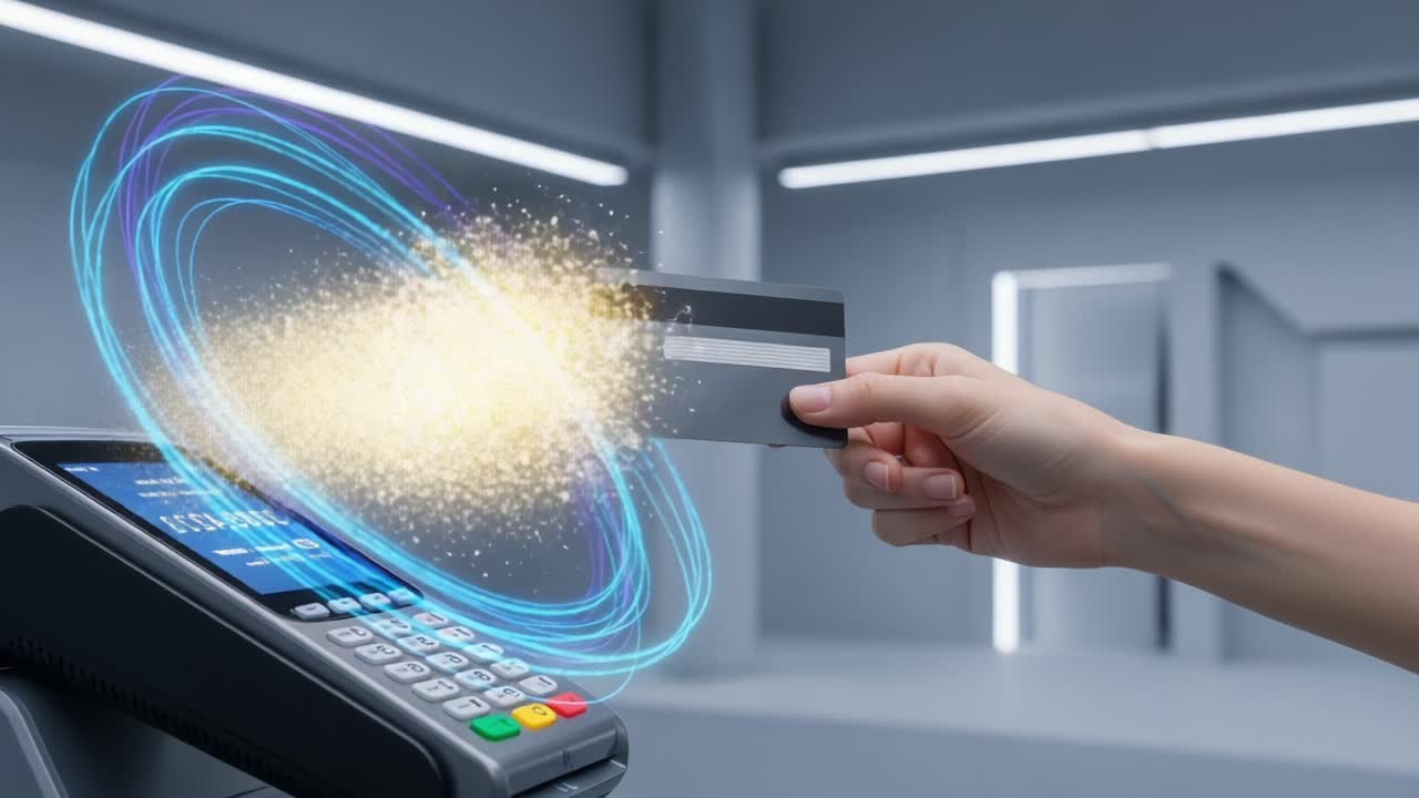 Seamless Contactless Payment Experience: A Hand Holding a Payment Card Near an Innovative Payment Terminal in a Modern Retail Environment