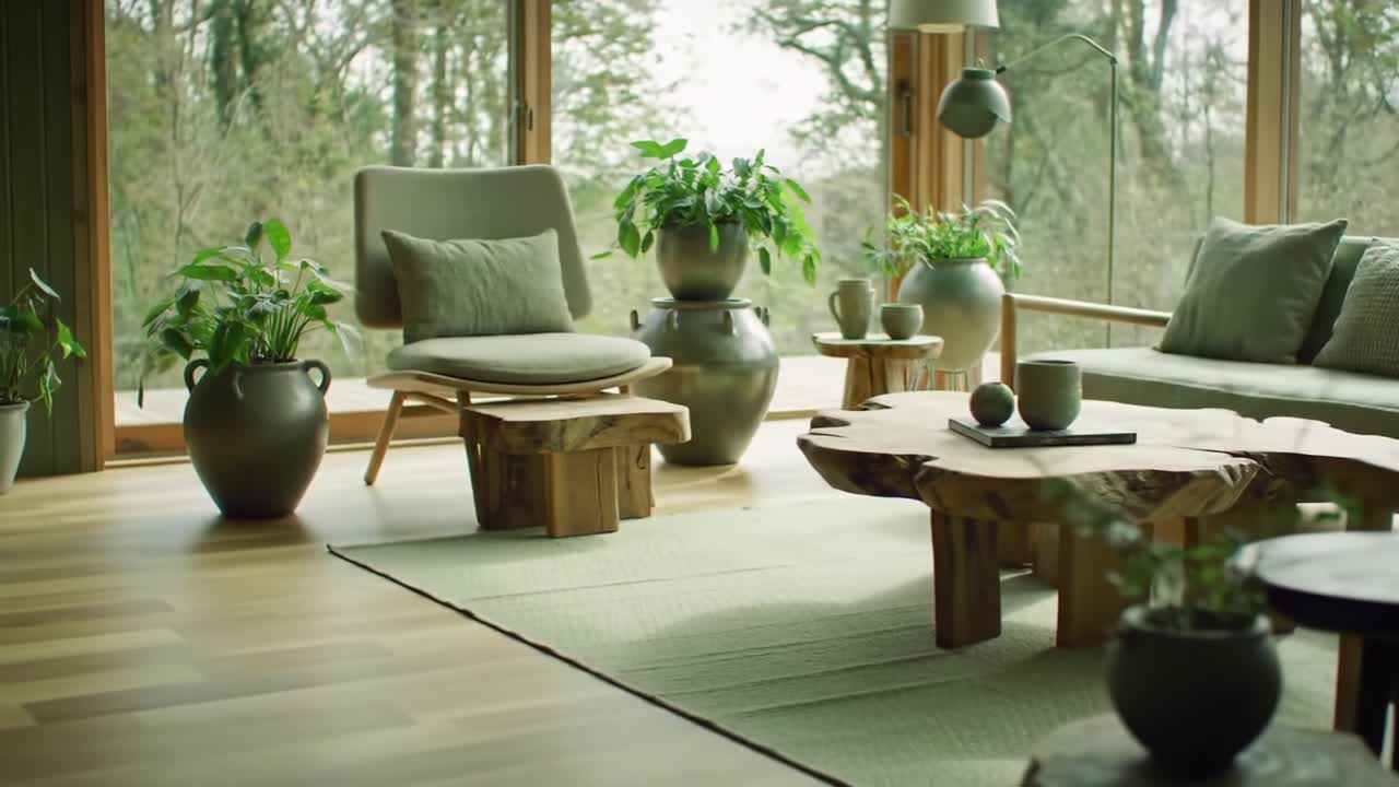 Modern Cozy Living Room with Natural Elements and Abundant Greenery, Showcasing Stylish Furniture in a Serene Outdoor Setting