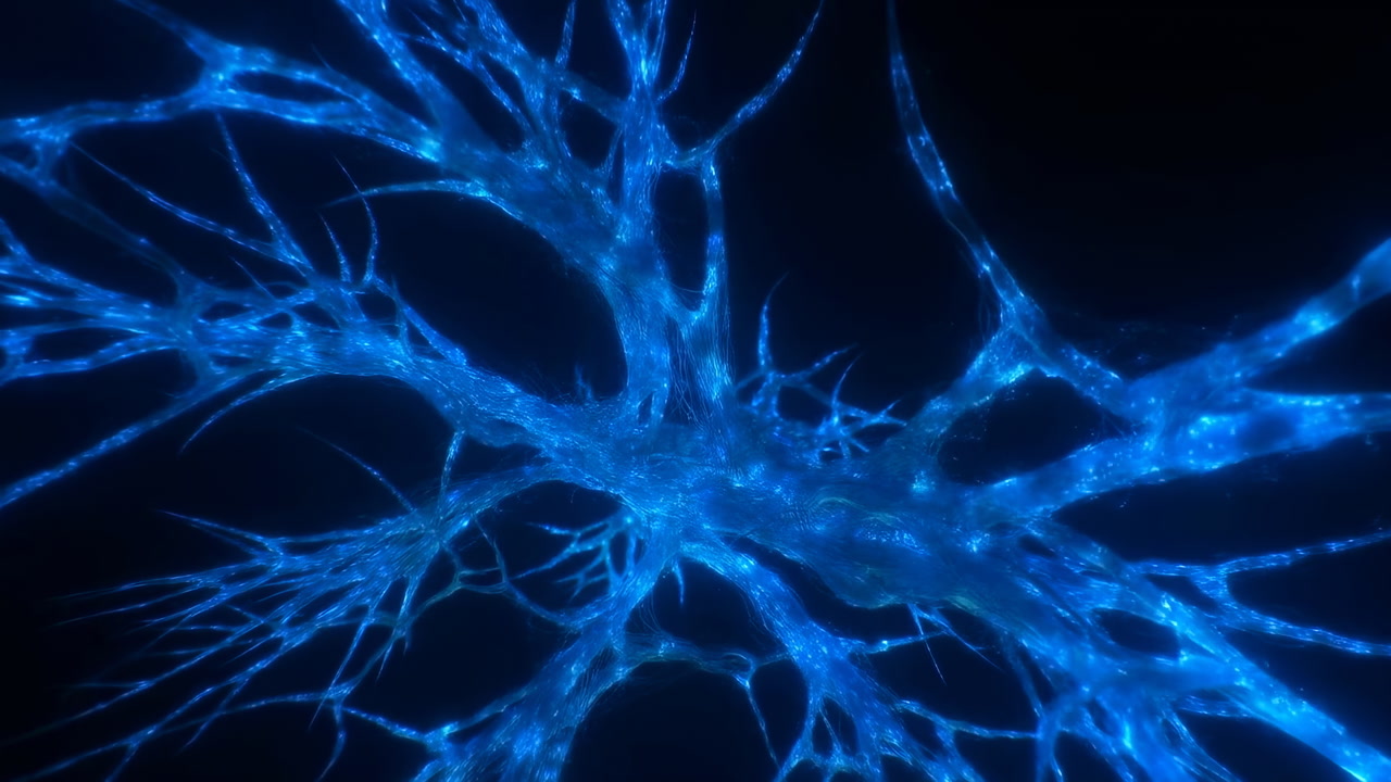 Glowing Blue Neuron Network Under Microscope Branching Dendrites And Active Synapses Pulsing With Fluorescent