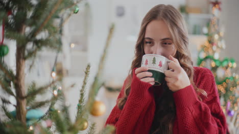 mooie jonge vrouw drinkt koffie bij de kerstboom thuis.