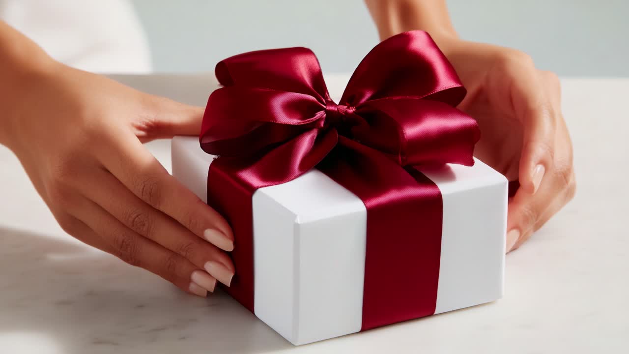 Delicately Wrapped Gift Box with a Red Satin Ribbon Captured in Two Frames, Exhibiting the Elegance of Presenting a Thoughtful Surprise for Any Occasion