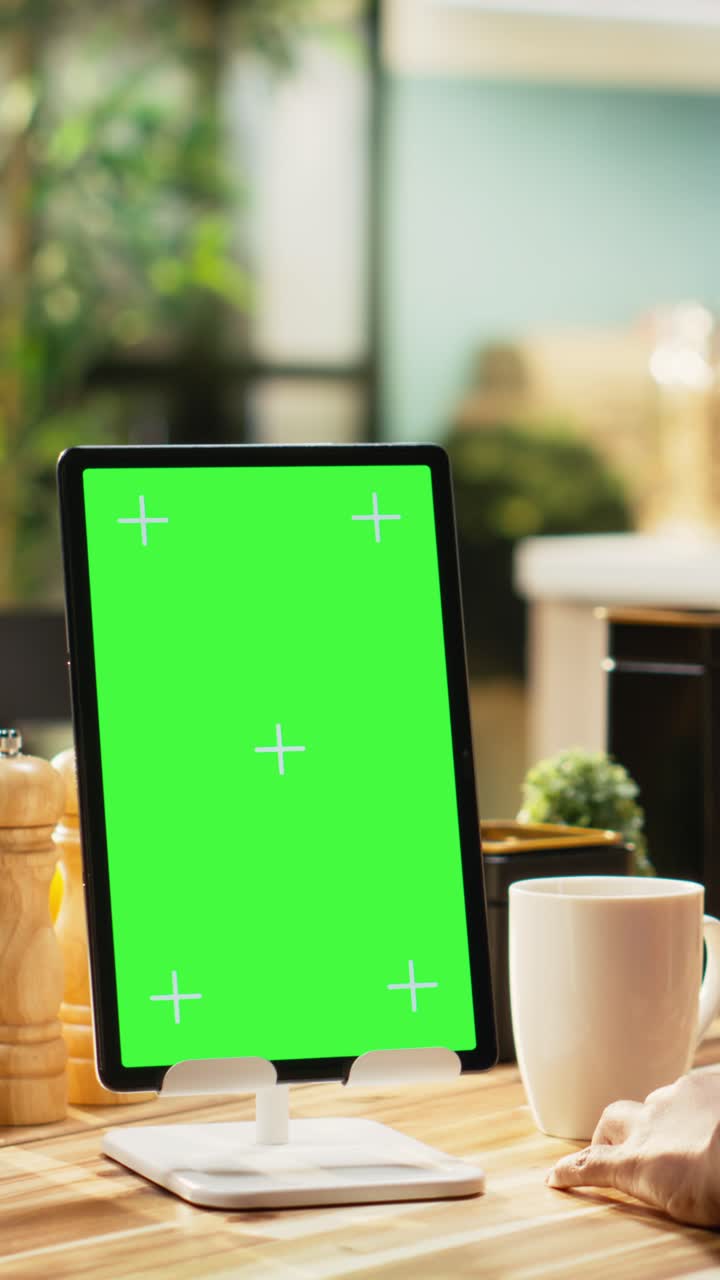 Vertical Video Vertical green screen on tablet with young black woman enjoying breakfast