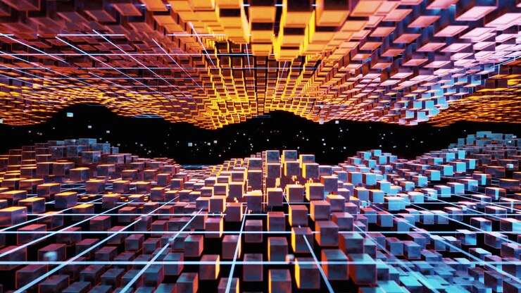 Spazio cyberpunk cubico, sfondo di geometria concettuale, rendering 3D