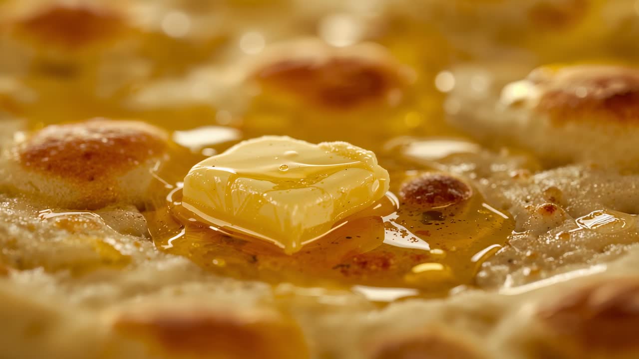 熱いグリドルからの熱で溶け始めた四角いバターが、シロップのかかった焼きたてのパンケーキの上に溜まっている。
