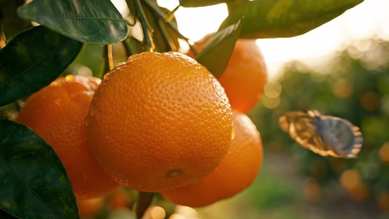 Arance Accattivanti che Brillano al Sole Circondate da Fogliame Verde Rigoglioso, con una Farfalla che si Posa Delicatamente sul Frutto Succoso, Creando una Bellissima Scena Naturale