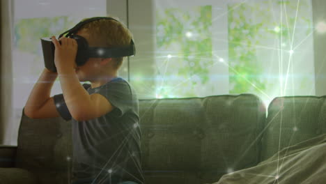 animación de la red de conexiones sobre un niño caucásico que usa auriculares vr
