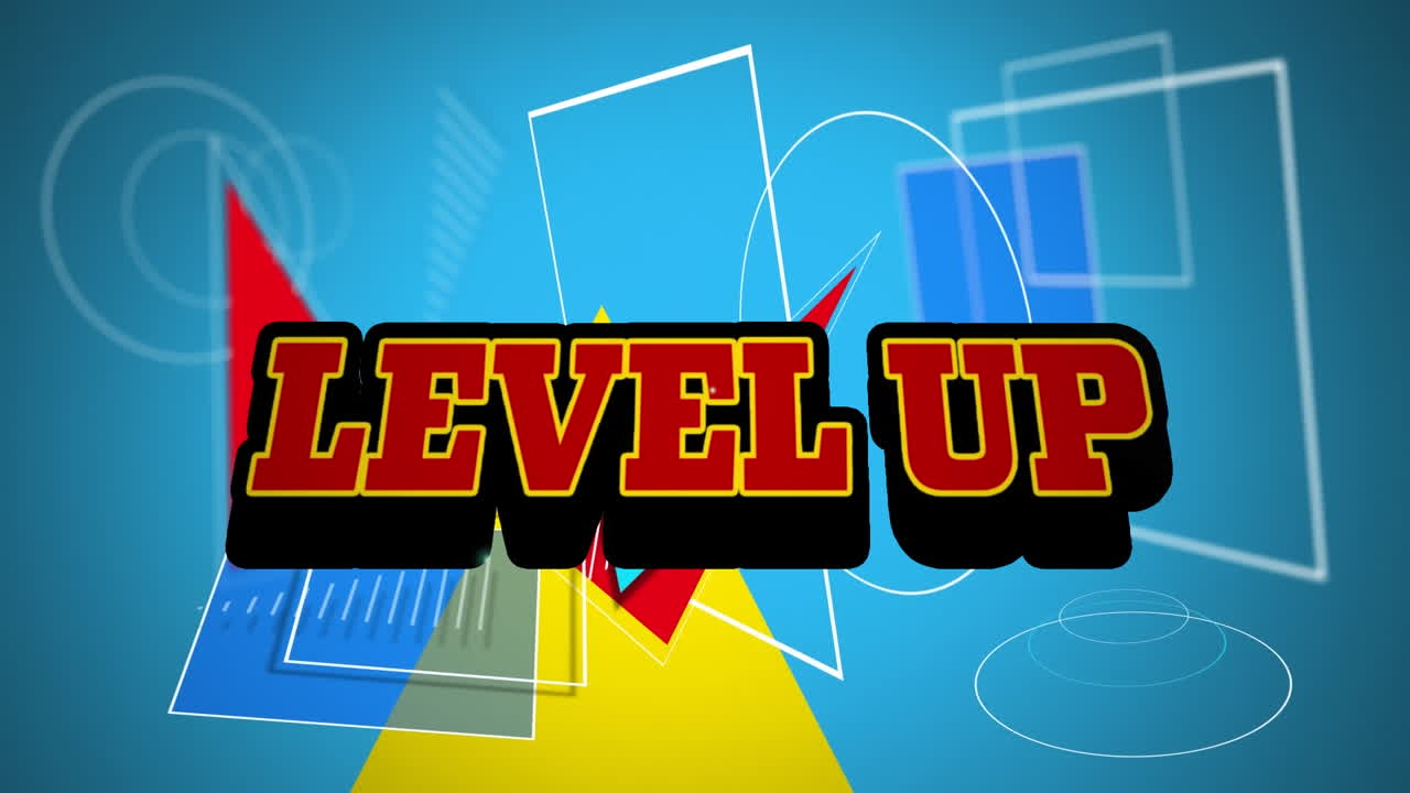 Animation of level up text over abstract shapes on blue background