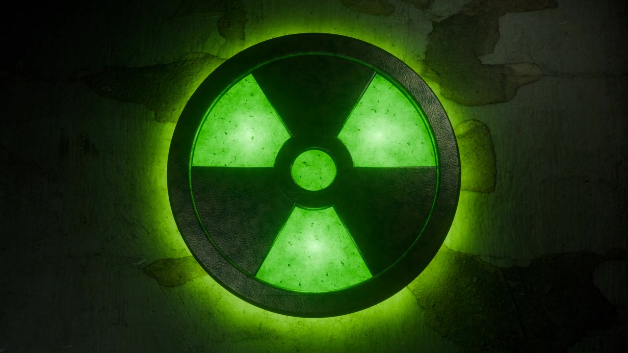 Glowing radioactive hazard symbol on weathered concrete wall with pulsing green light in dim industrial setting