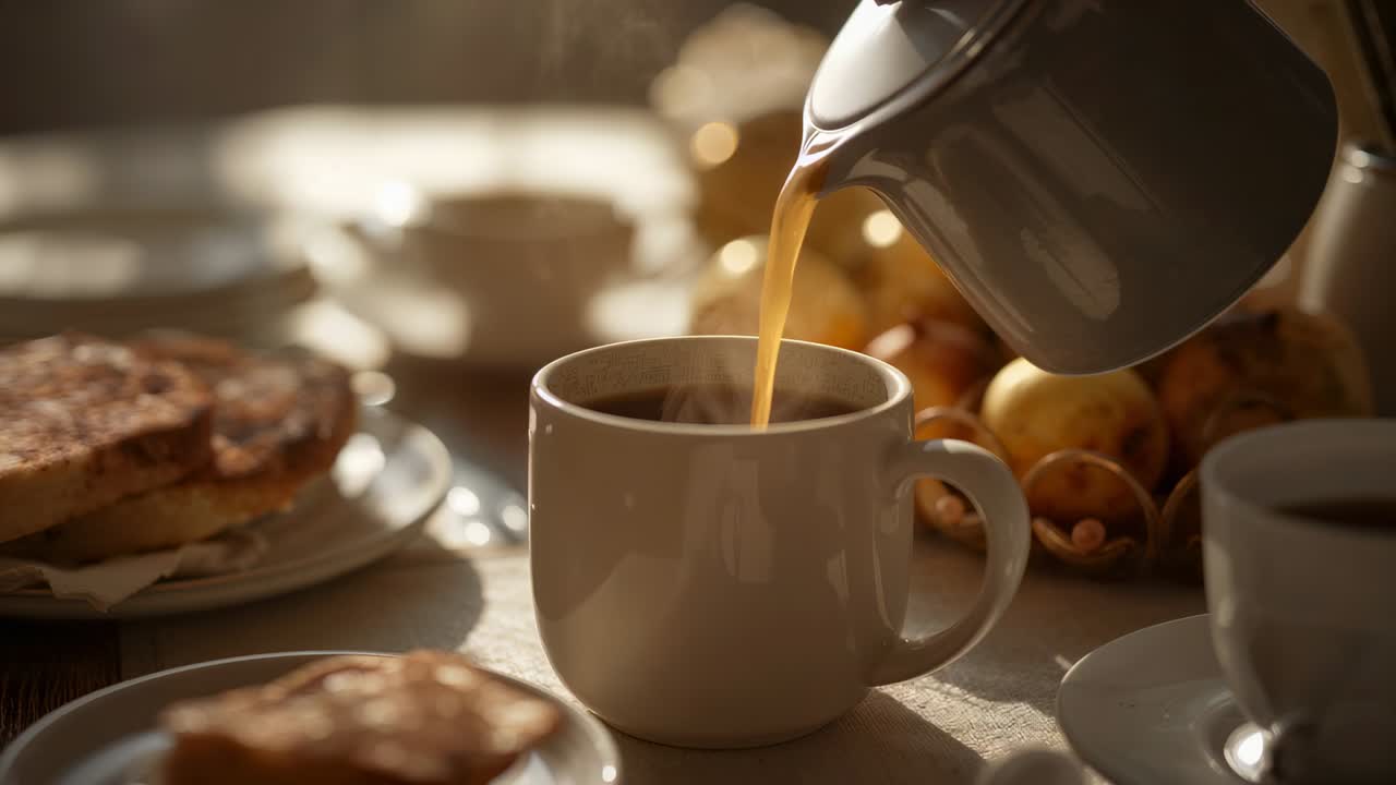 Indtastning af kaffekande i metal øverst til højre, der hælder kaffe i hvidt krus ved morgenbordet til kaffe