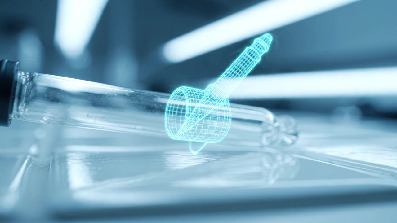 Detailed examination of a glass pipette on a laboratory table, showcasing advanced holographic technology illustrating its use and functionality in scientific research.