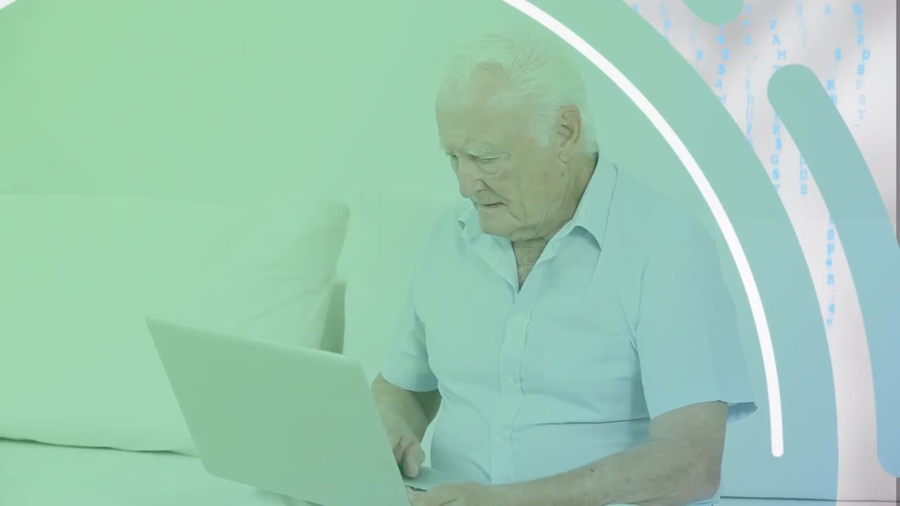 animación de iconos sobre el hombre de negocios usando portátil.