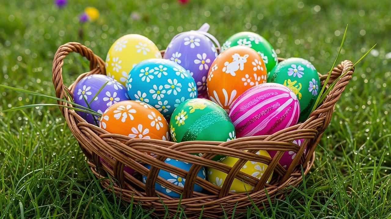 A vibrant collection of beautifully decorated Easter eggs nestled in a wicker basket, surrounded by fresh green grass and colorful flowers in a sunny spring setting