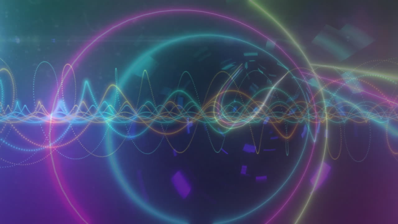 Colorful sound waves and geometric shapes animation over dark background