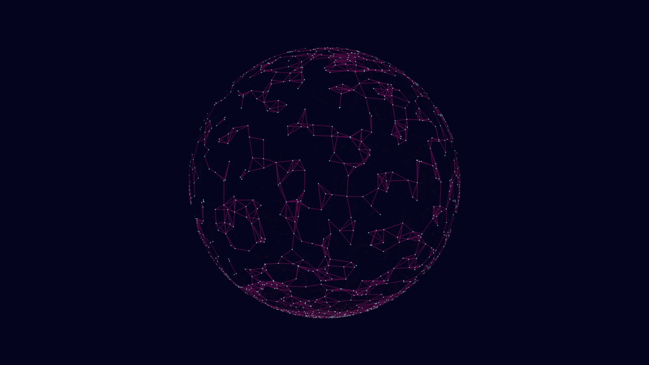 Futuristic geometric sphere with neon glitters on black gradient