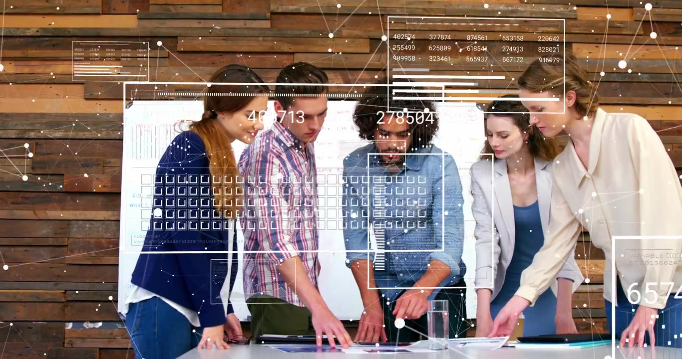 Vertical video: Light-blue man pointing, team arranging plans for business goals with HUD overlays