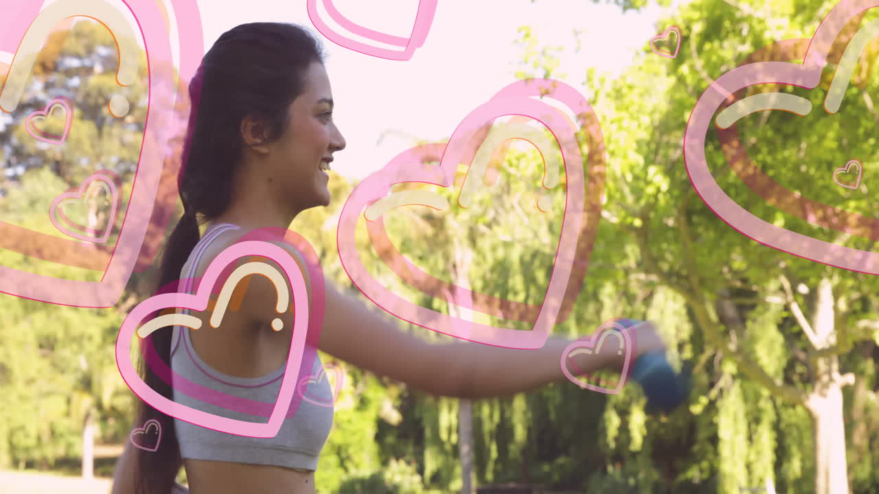 Exercising outdoors, woman with pink heart animation overlay, staying fit