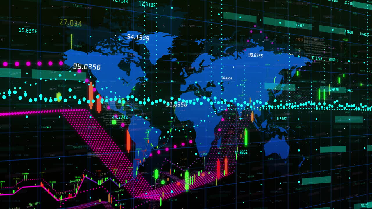 Animation of financial data processing over world map