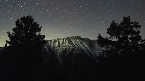 Astro-Nacht-Zeitraffer-Berg-Olymp,-Schneebedeckte-Gipfel,-Kiefernwälder-Neigen-Sich-Nach-Oben