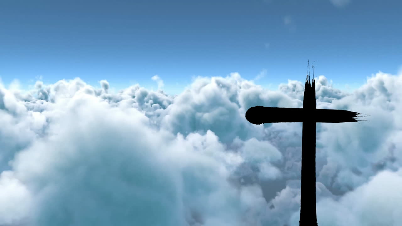 Silhouette of cross against fluffy clouds and blue sky with animation effect