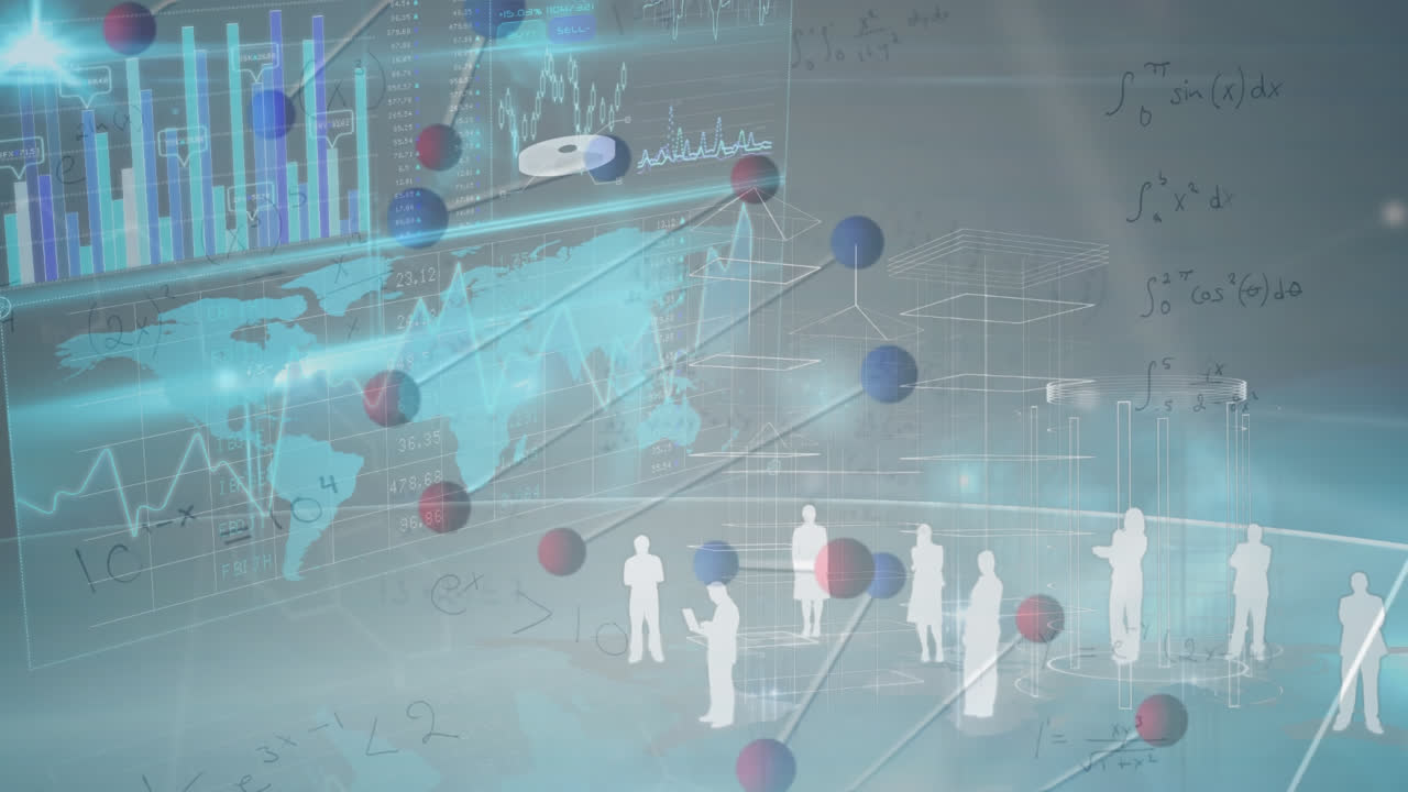 анимация нитей днк и икон бизнесменов над обработкой данных с картой мира