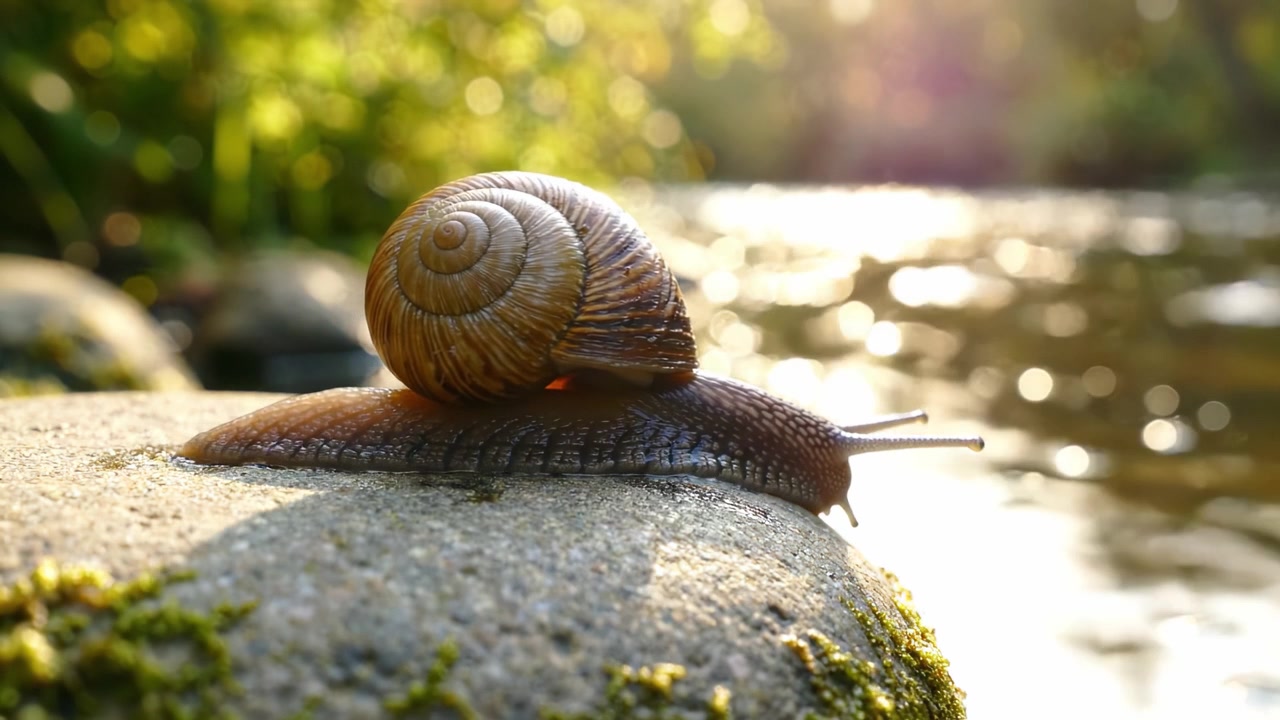 A Serene Moment: A Close-Up of a Snail Resting on a Rock by a Tranquil Riverbank, Glowing in the Soft Warmth of Natural Light