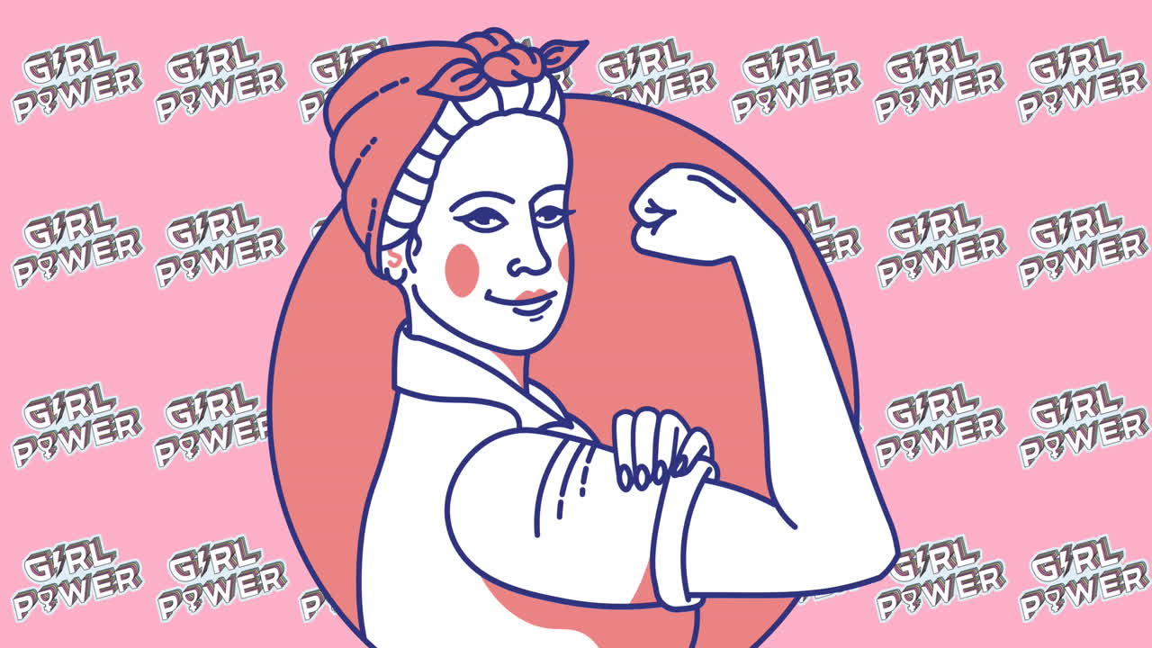 анимация pin up girl над женским множественным текстом girl power