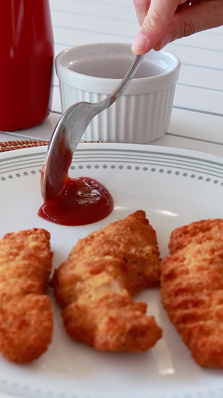 Una mano usa un cucchiaio per mettere salsa rossa su un piatto di pollo croccante.