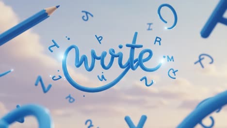 a creative exploration of writing: artistic representation of the word 'write' surrounded by floating letters and a blue pencil against a serene background