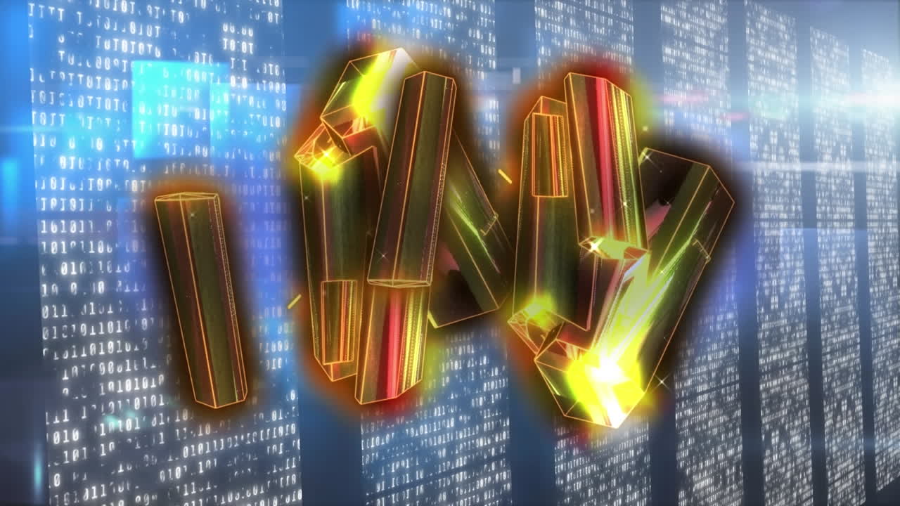 렌즈 플레어와 바 그래프를 가로질러 움직이는 조명된 추상적인 패턴의 애니메이션.