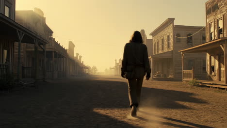 a person walks down a dusty western town street at sunset