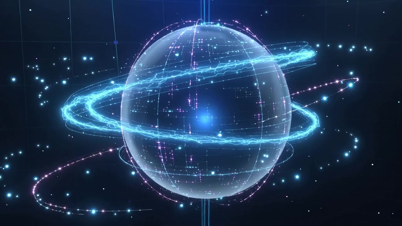 Allineamento di un fascio assiale che fa pulsare il nucleo di una sfera olografica, con anelli rotanti che formano un anello orbitale in un vuoto blu notte.