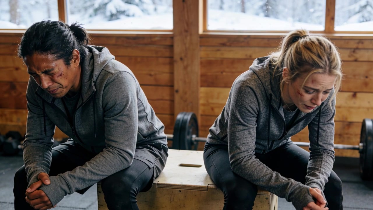 Sitzende Trainingspartner in grauen Hoodies auf einer Plyo-Box im Fitnessstudio verschnaufen nach einem intensiven Langhantelsatz.