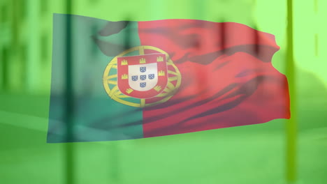 portuguese flag waving with green red stripes and coat of arms in animated illustration