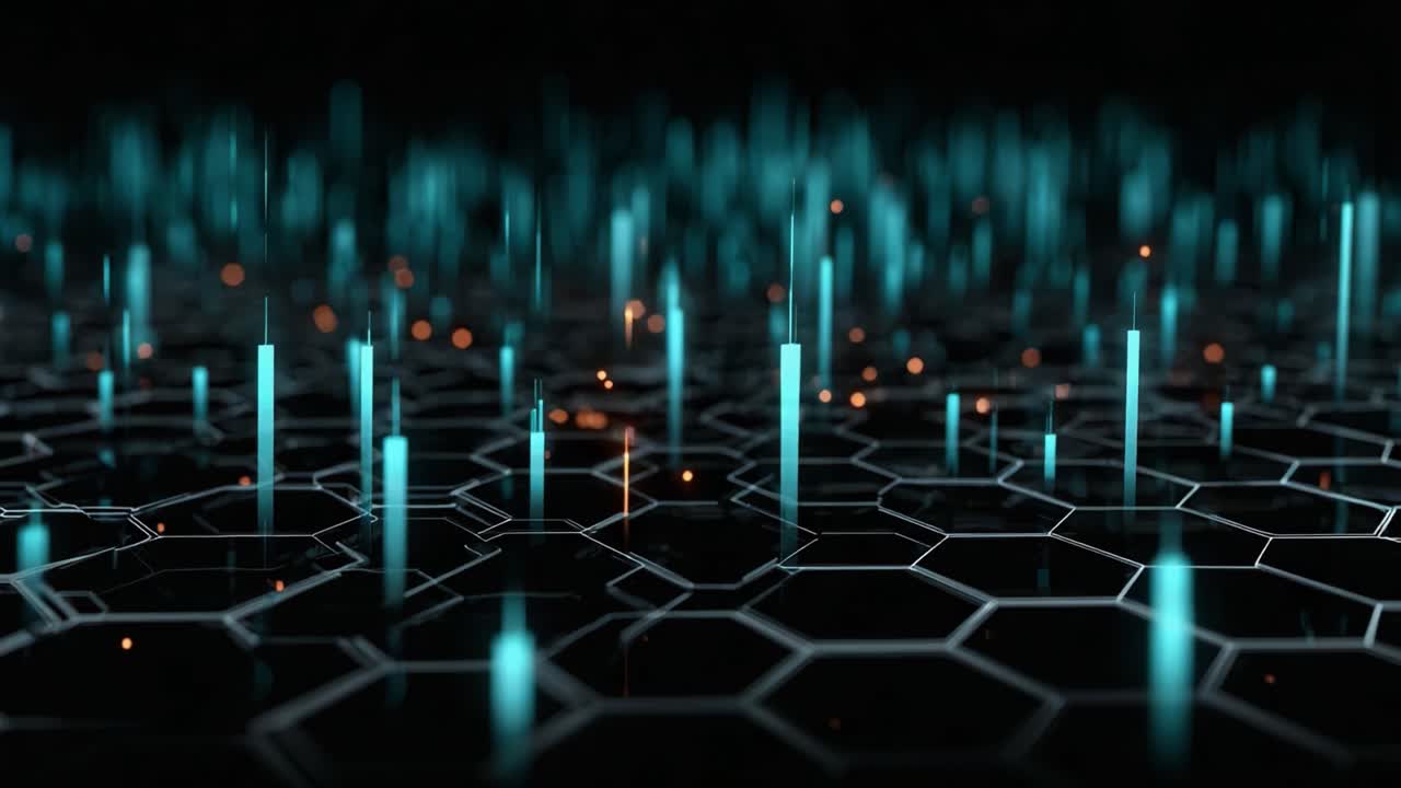 Visual Representation of a Digital Landscape Featuring Vibrant Light Structures on a Hexagonal Grid, Illustrating the Fusion of Technology and Abstract Design in a Futuristic Environment