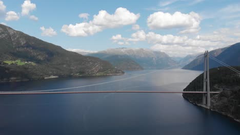 aerial view of impressive hardangerbridge over hardangerfjord, norway