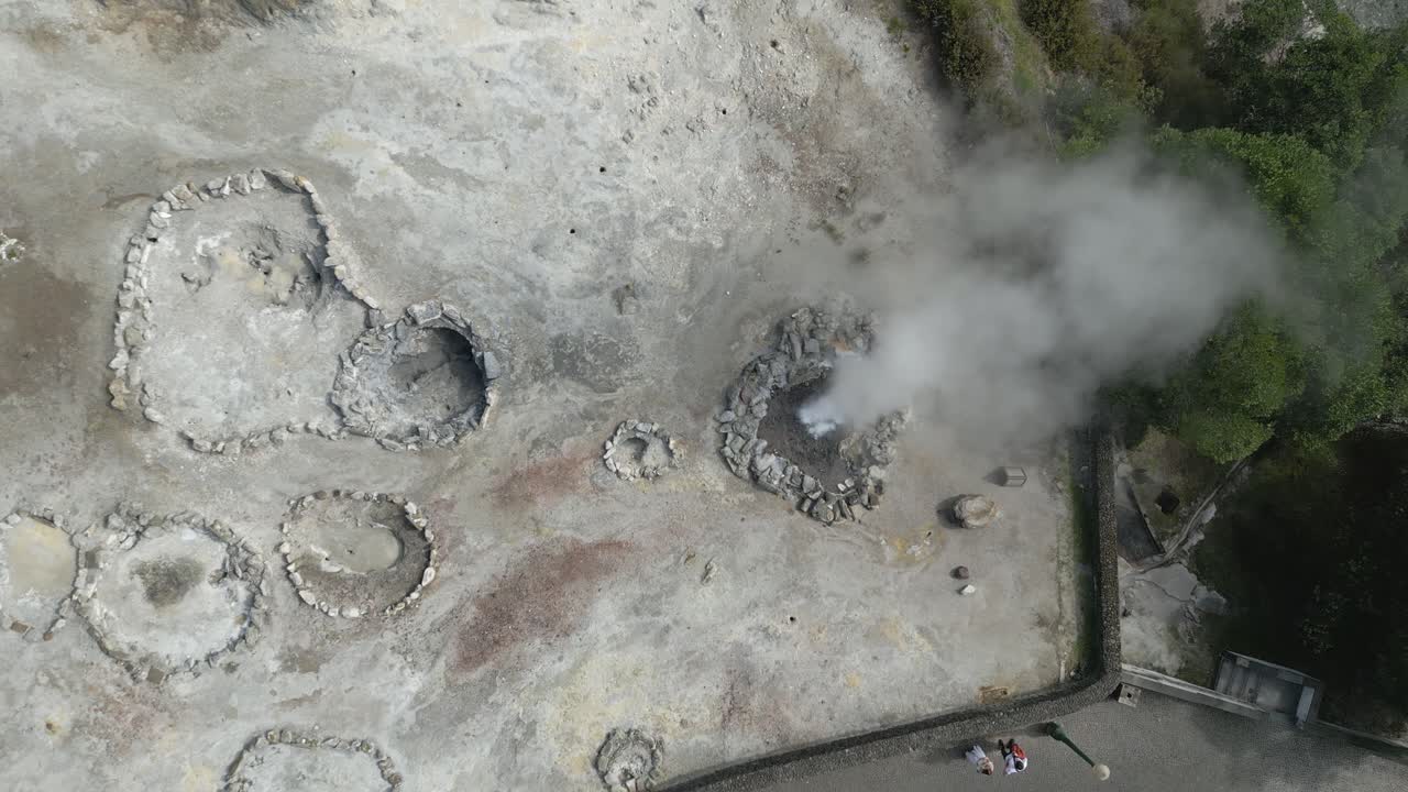 Steaming geothermal landscape in Furnas, Sao Miguel Island. Aerial overhead