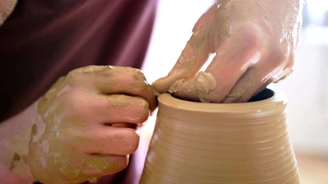 Hands shaping a clay pot on a pottery wheel