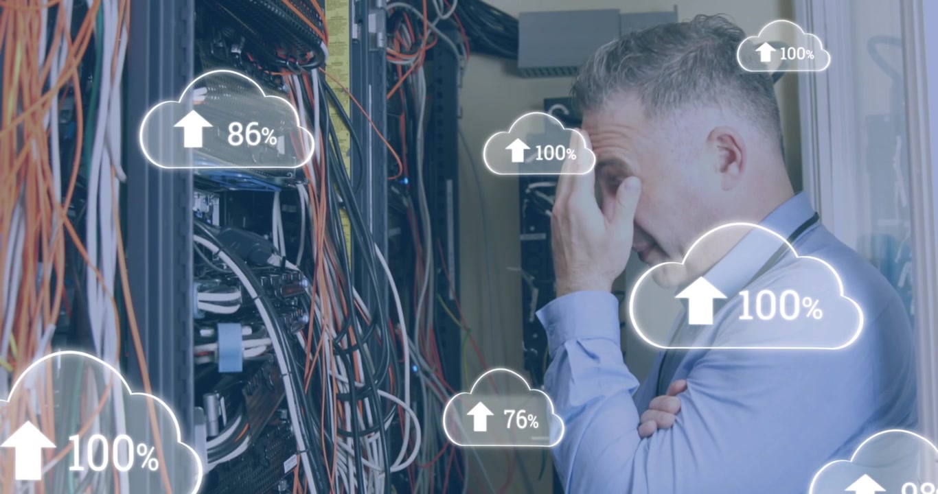 Animation of cloud icons with growing numbers over caucasian man in server room