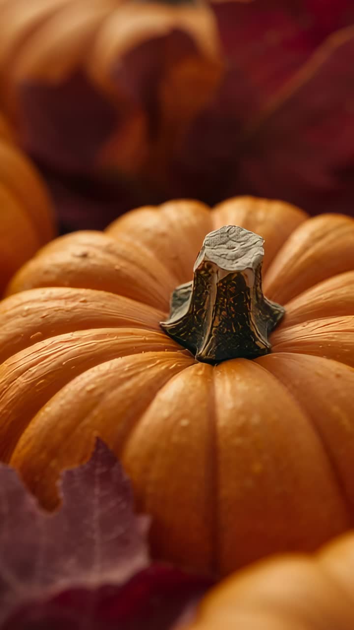 Vertical video: Sliding camera forward, mini pumpkin showing stem, droplets on table for texture