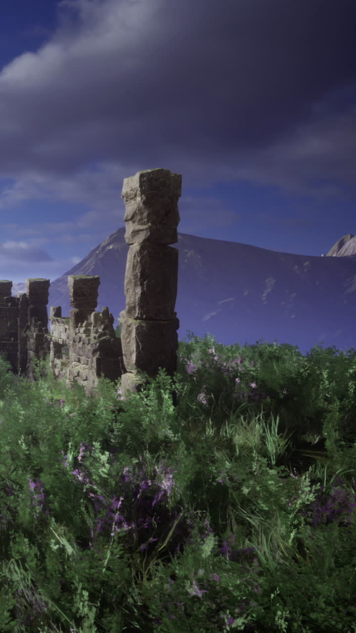 Antiguas estructuras de piedra se elevan entre plantas verdes en primer plano.