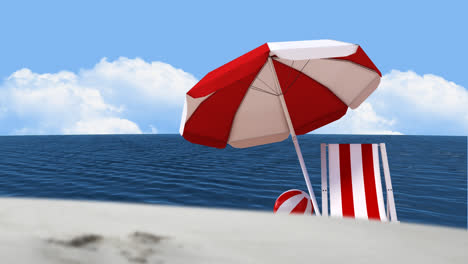 animación de sombrilla roja y blanca y silla de cubierta en la playa en un día soleado