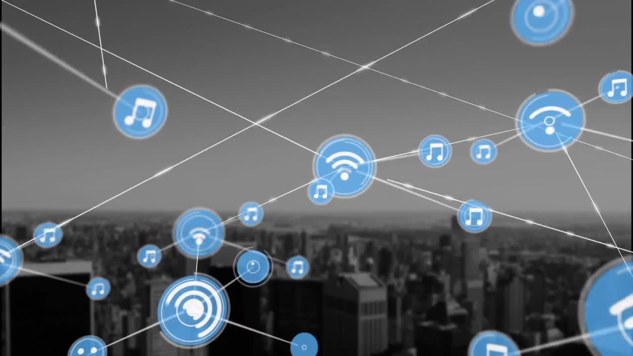 배경 에 있는 현대 도시 위 의 선 들 과 연결 된 아이콘 들 의 애니메이션