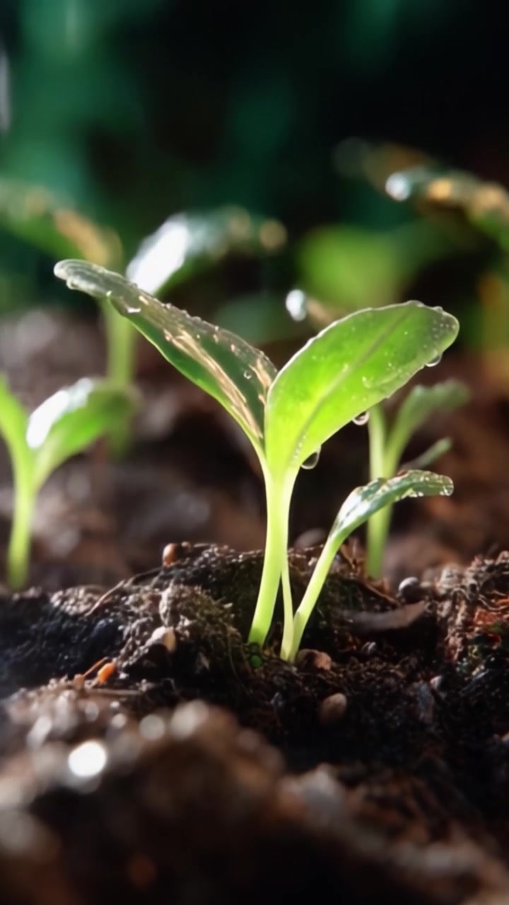 Fresh Green Seedlings Emerging from Rich, Dark Soil with Water Droplets, Symbolizing Growth and Renewal in Nature's Cycle of Life and Vegetative Development