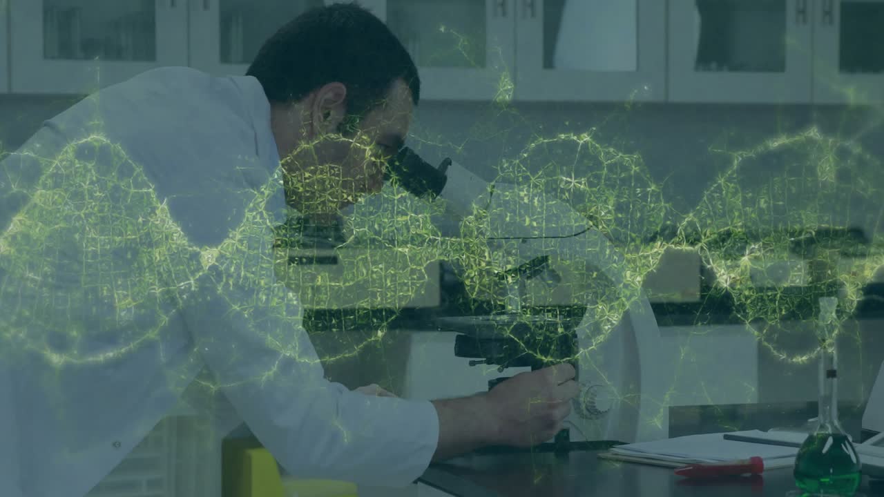 Lab scientist placing slide under microscope and tuning focus for analysis as 3D DNA helix emerging