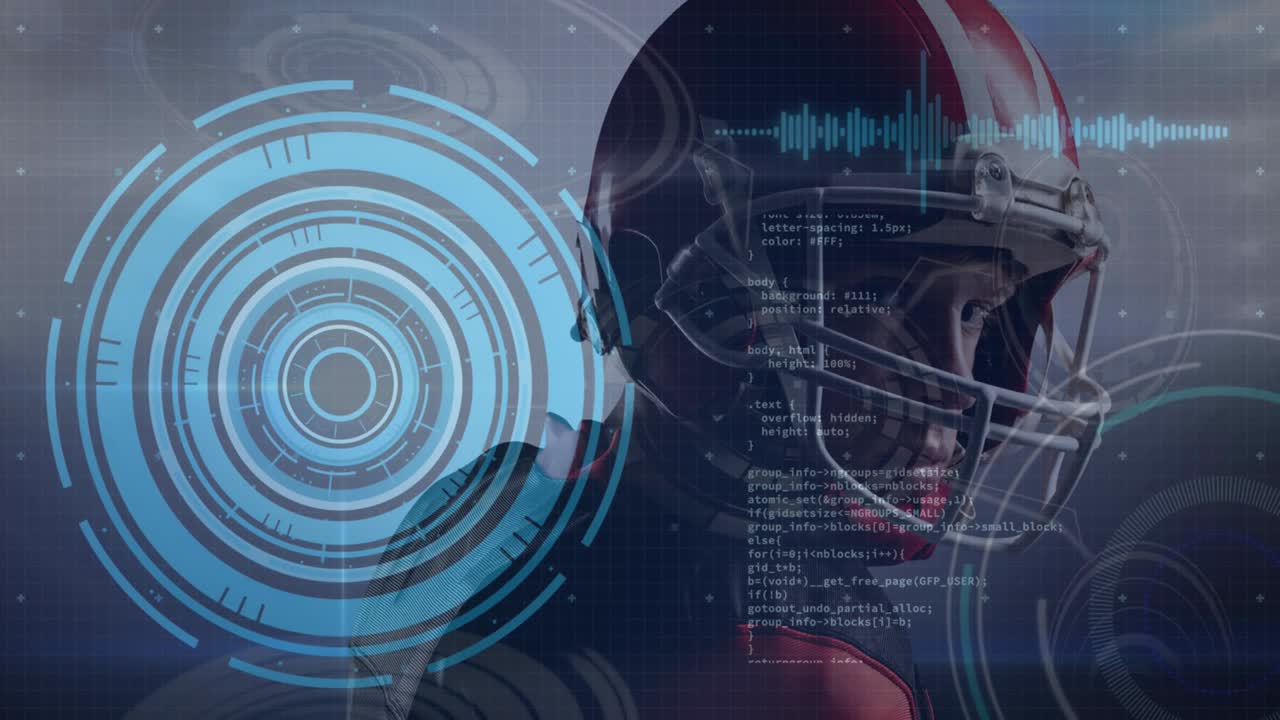 animación del procesamiento de datos sobre un jugador de fútbol americano con pelota