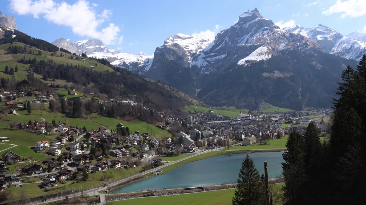 Mountain landscape with a lake and alpine village, Engelberg Switzerland