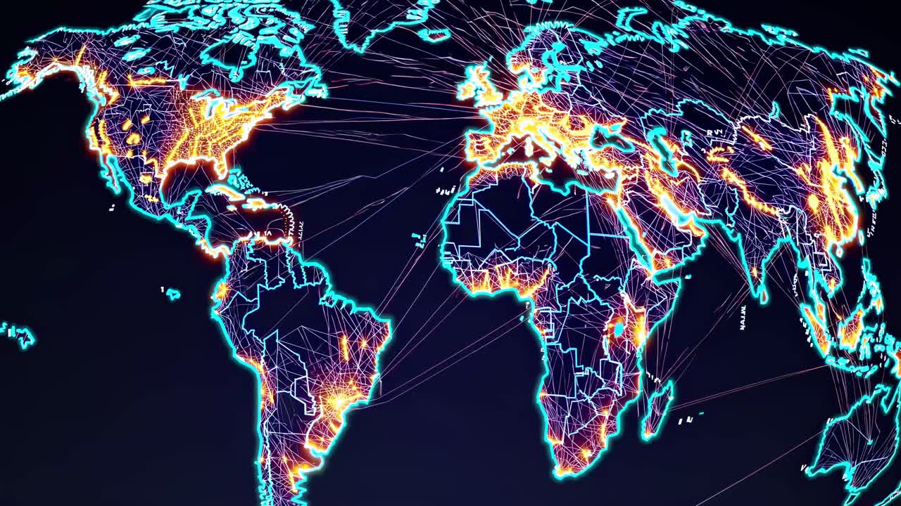 Aerial view of a digital world map with neon lines and glowing nodes, resembling a futuristic video