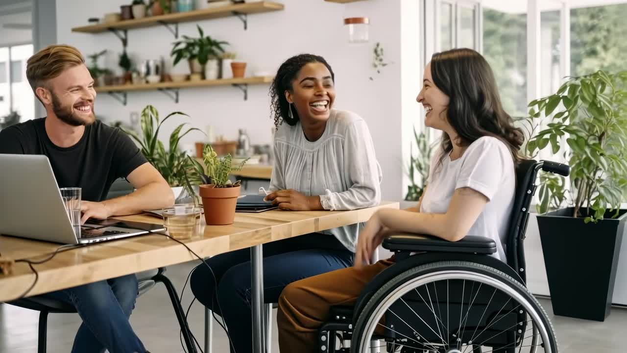 A friendly, inclusive workspace video shows three people chatting at a table, shot from a side