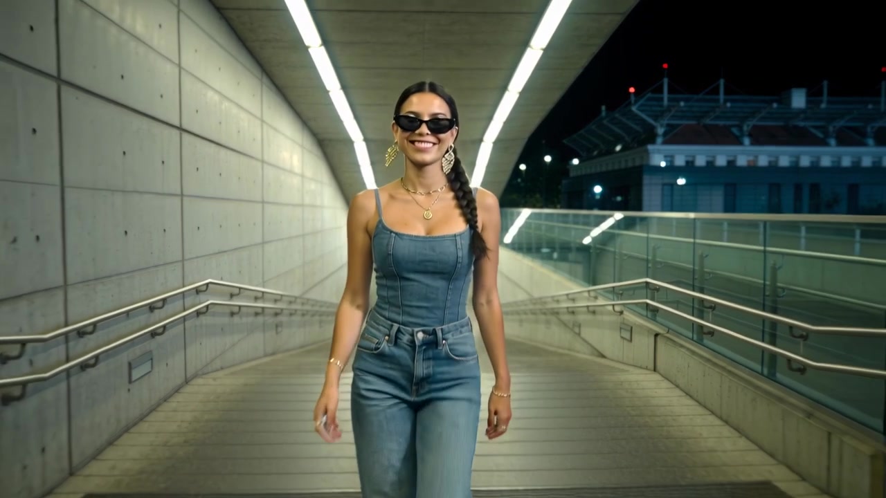 Donna che cammina ed entra, sistemandosi gli occhiali da sole verso la telecamera su una rampa notturna, vestita in denim e con gioielli d'oro.